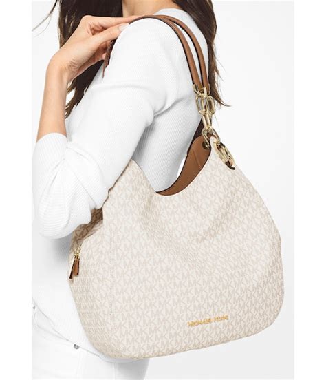 michael michael kors lillie large chain shoulder tote vanilla/acorn|Lillie Large Logo Shoulder Bag .